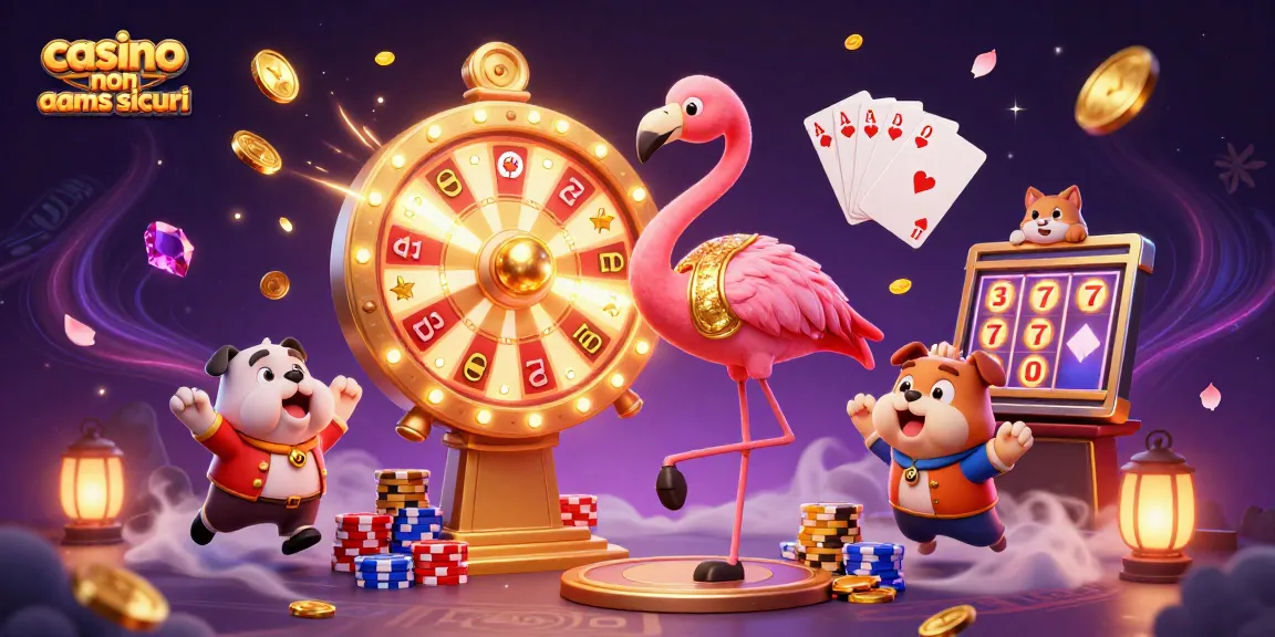 Giocando al casinò non AAMS sicuri, un bulldog festeggia vincite con premi scintillanti e una ruota della fortuna.