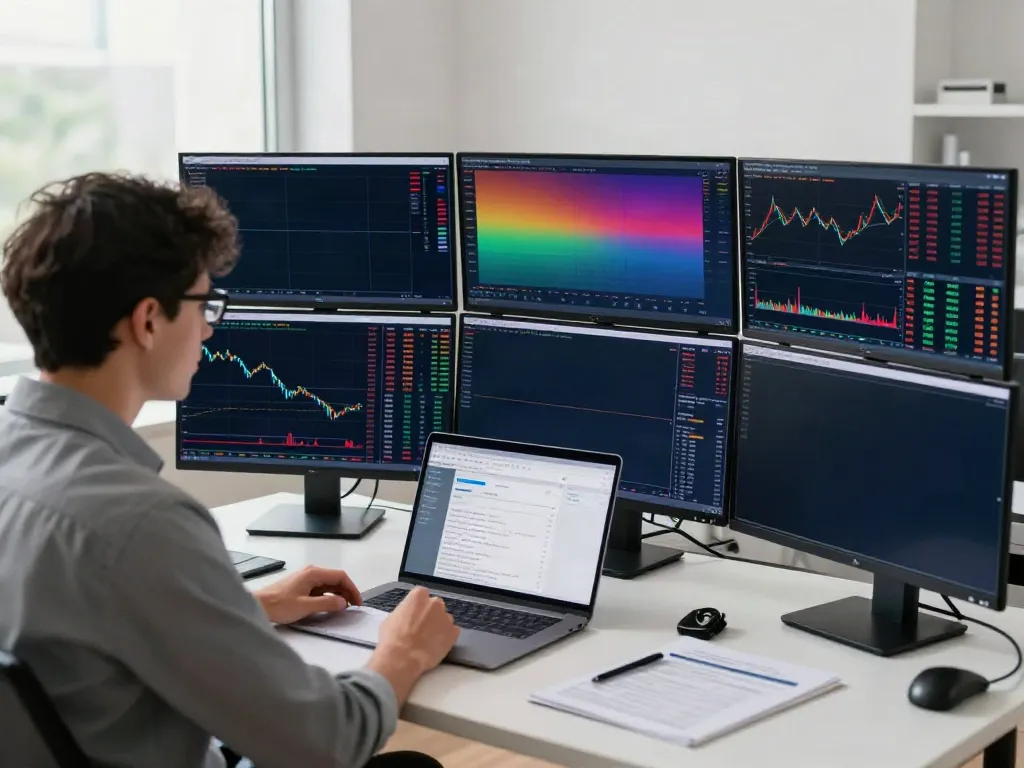 Trader analyzing TradingView charts in a professional workspace, focused on market data.