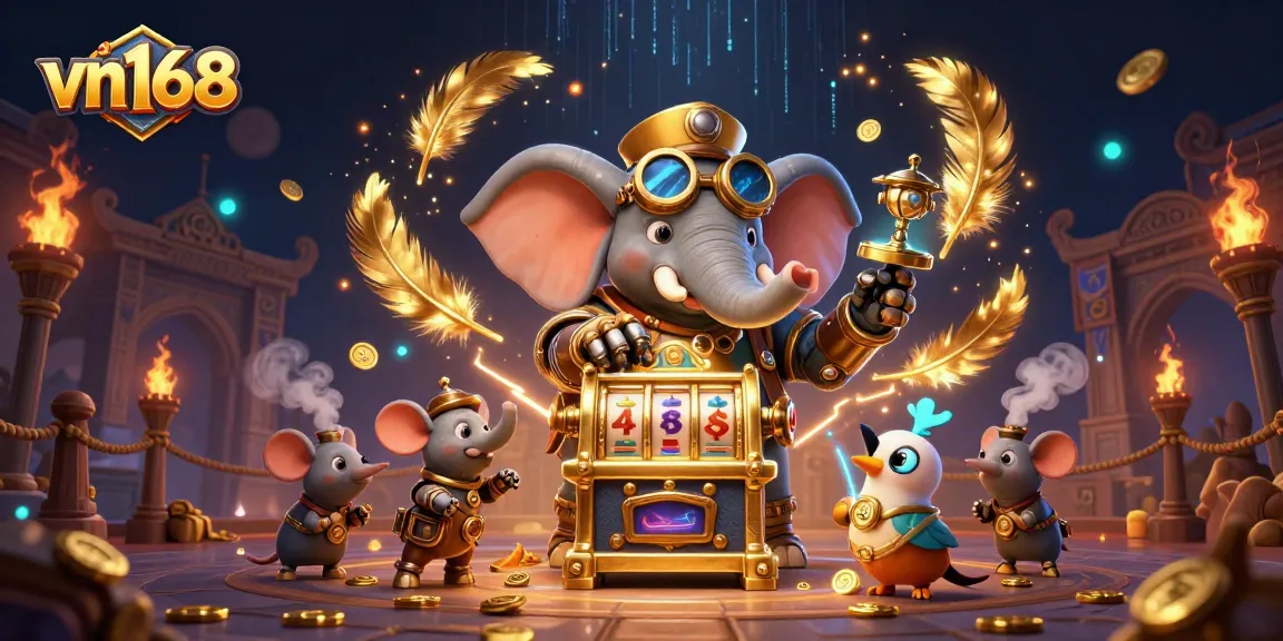 Experience thrilling wins at vn168 casino with a steampunk elephant operating vibrant slot machines.