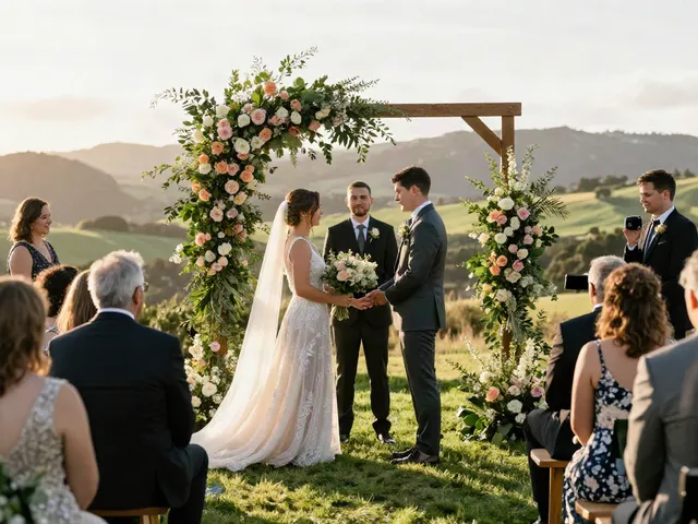 Dunedin wedding photographer capturing a couple's emotional outdoor ceremony amidst breathtaking scenery.