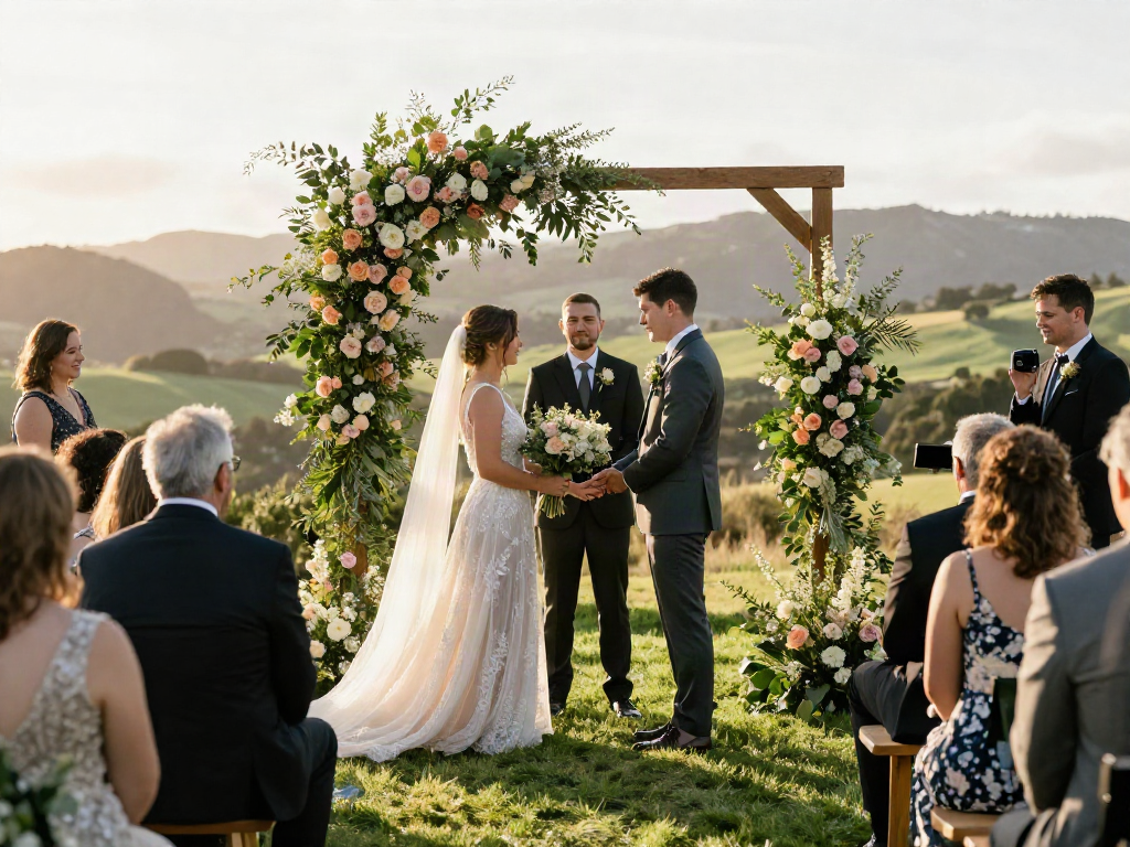 Dunedin wedding photographer capturing a couple's emotional outdoor ceremony amidst breathtaking scenery.