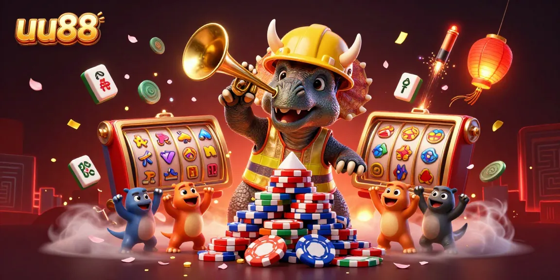 uu88 engages with vibrant slot reels and cheering characters in a lively casino scene