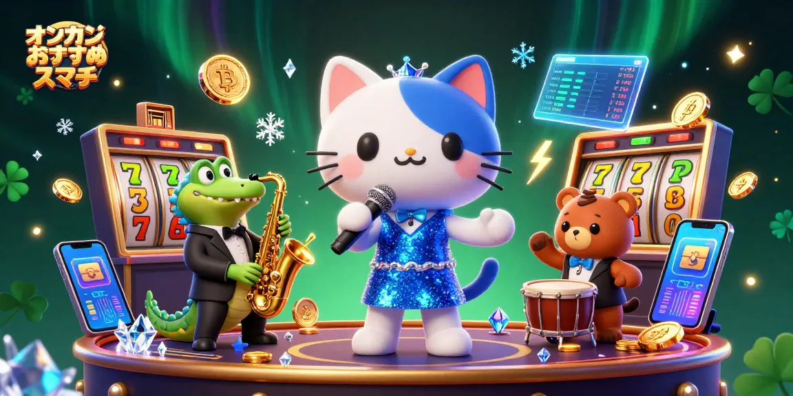 オンカジおすすめスマホで、スロットゲームを楽しむキャラクターたちの華やかなシーン。