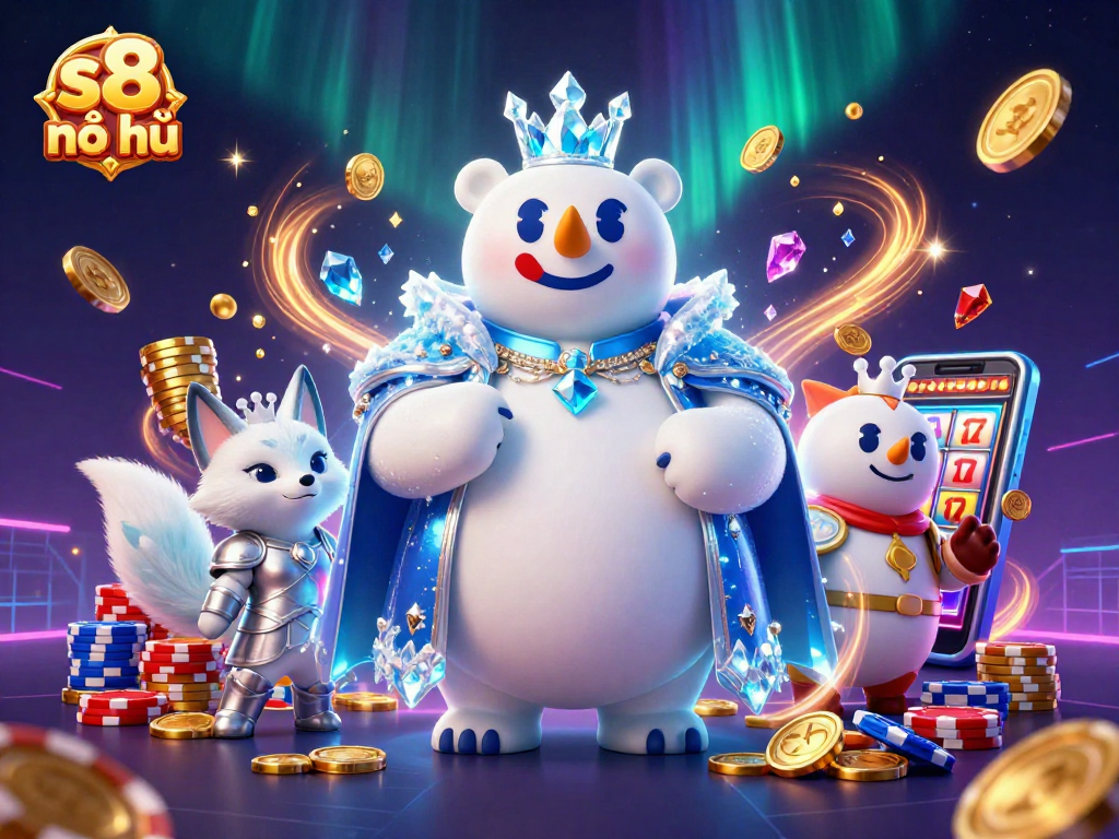 Spin the reels with s8 nổ hũ, featuring an animated king and fox amidst dazzling casino imagery.