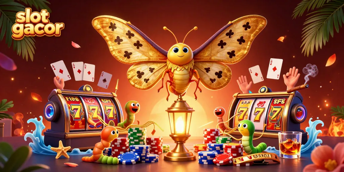 Spin the slot gacor for massive wins featuring a golden moth and vibrant casino elements.