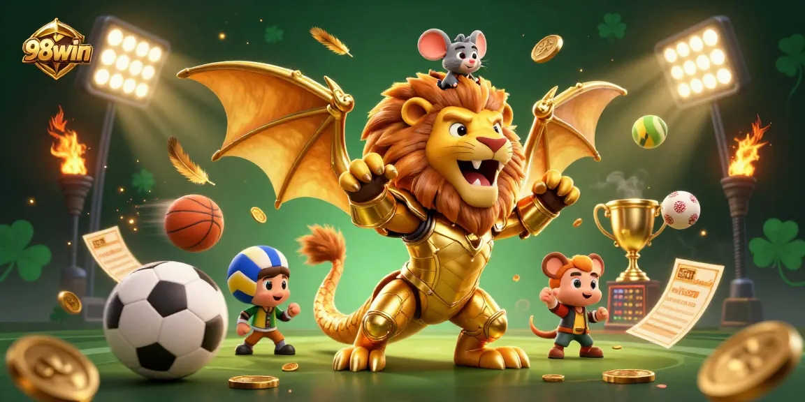 Enjoy thrilling gaming at 98win, where a roaring chimera embodies excitement amid dynamic sports elements.