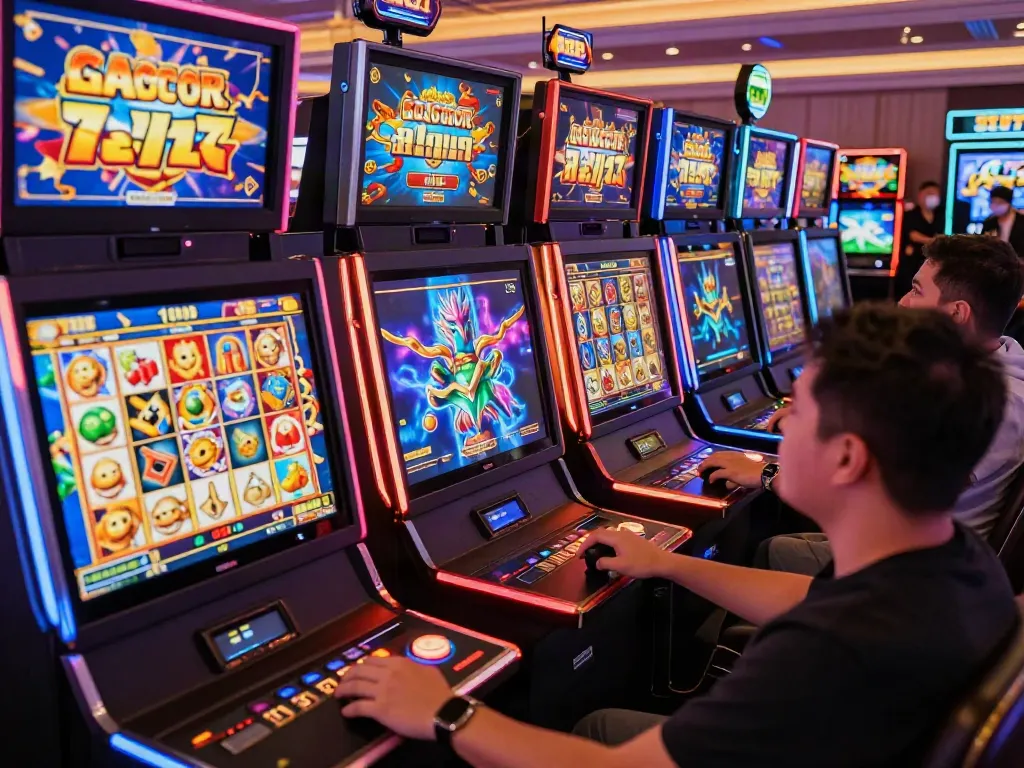 Permainan slot777 di kasino online dengan pemain bersemangat meraih jackpot.