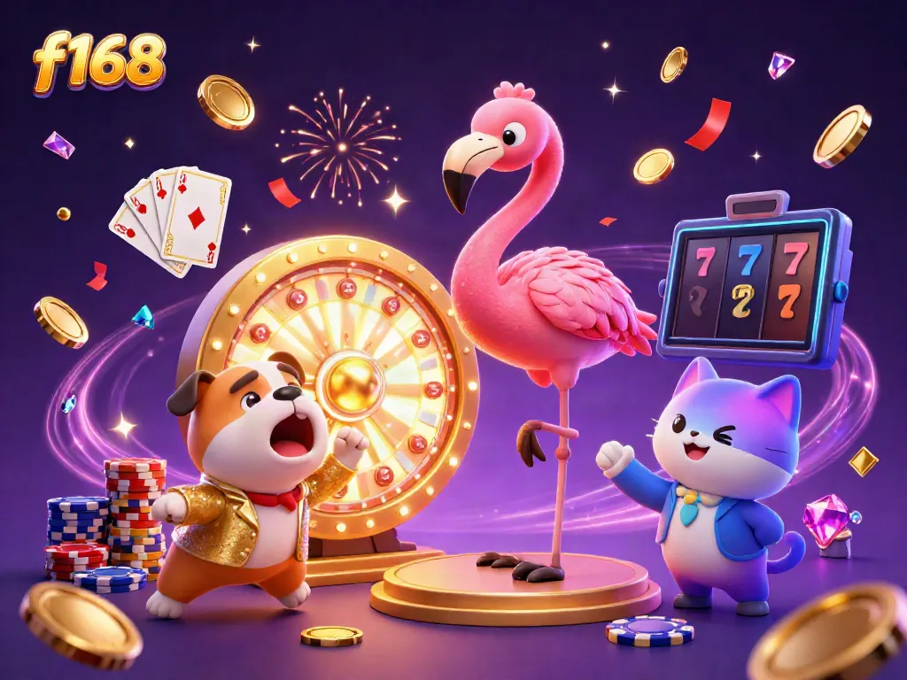 Experience thrilling gaming at f168 with a flamingo host and bulldog contestant in a vibrant casino setting.