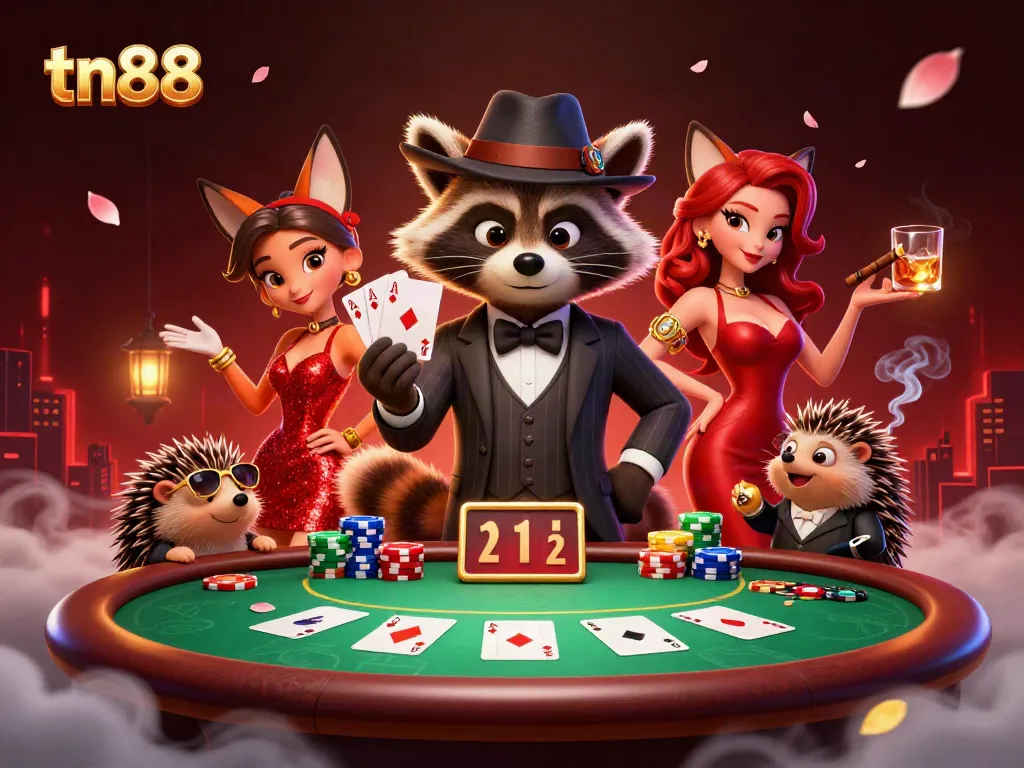 Engage in exciting poker action with tn88's alluring characters at a vibrant casino table.