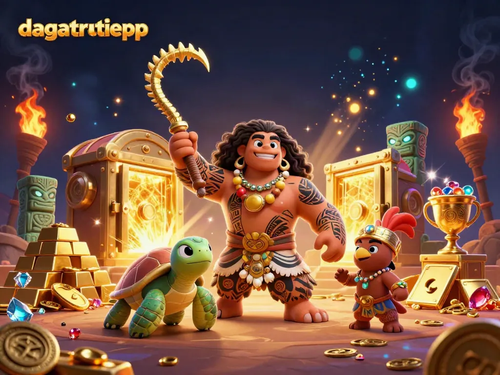 Engage in dynamic cockfighting action with dagatructiepp, showcasing vibrant characters and golden treasures.