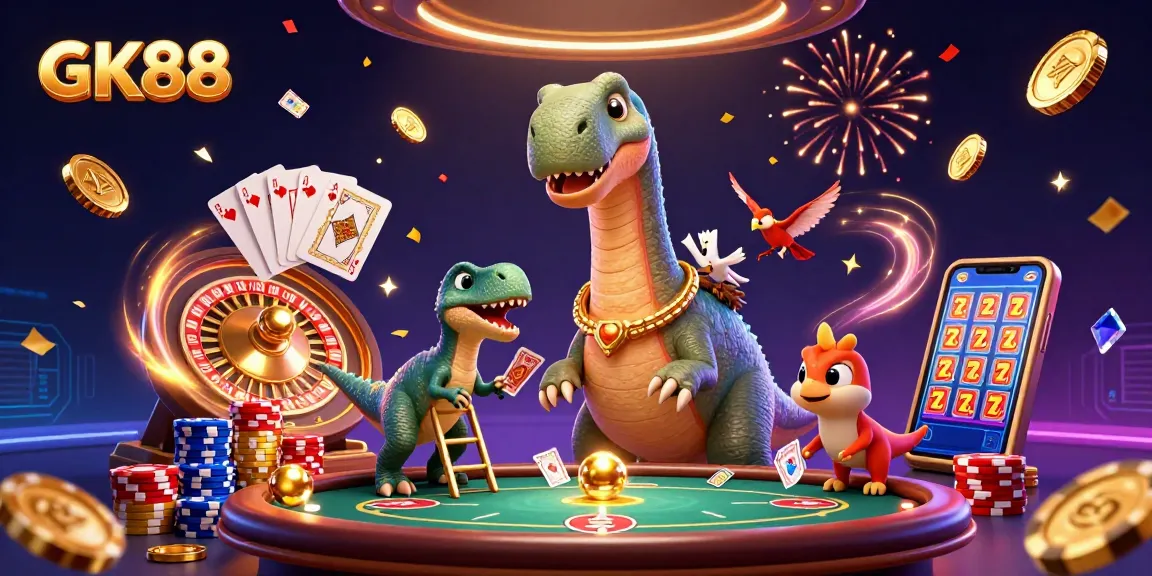 GK88 showcases a vibrant casino scene with dynamic game elements and engaging characters.