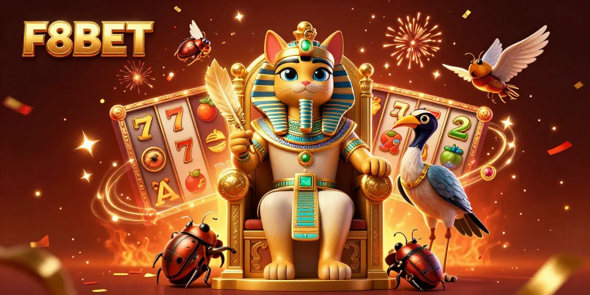 Experience the excitement of F8BET with a vibrant casino-themed illustration filled with jackpots and colorful game elements.