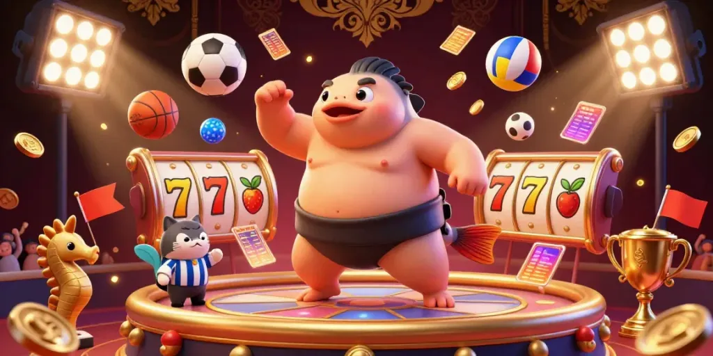 Experience the thrill of slots with an energetic underwater casino scene featuring dynamic fugu and colorful games.