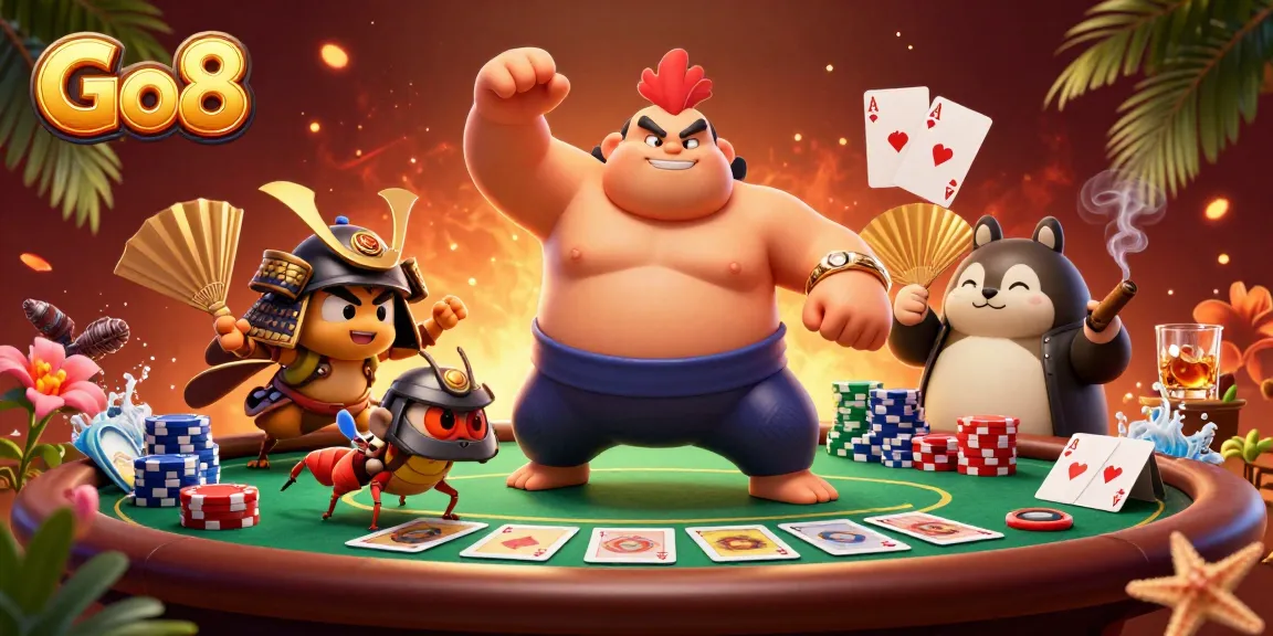 Experience thrilling poker action with Go8’s colorful characters and casino excitement in this vibrant scene.