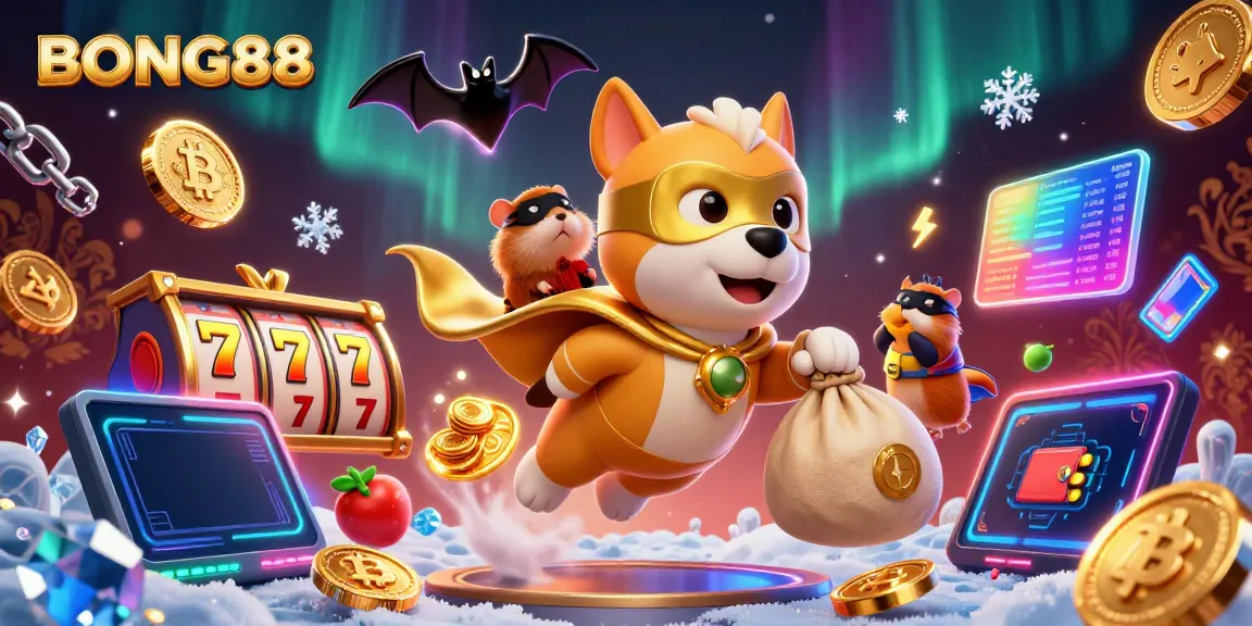 BONG88 offers thrilling slot action featuring a superhero dog and a hamster among golden coins.