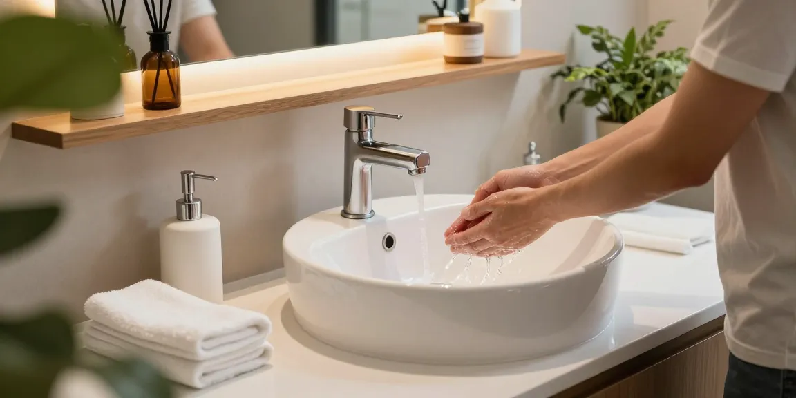 Ablution wash basin in elegant bathroom, showcasing modern design and serene ambiance with natural lighting.