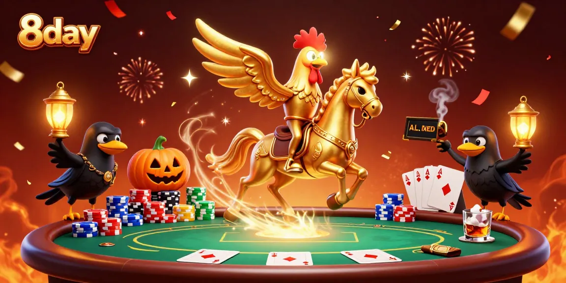 Experience thrilling gaming moments with 8day at a vibrant casino scene featuring a golden rooster and poker elements.