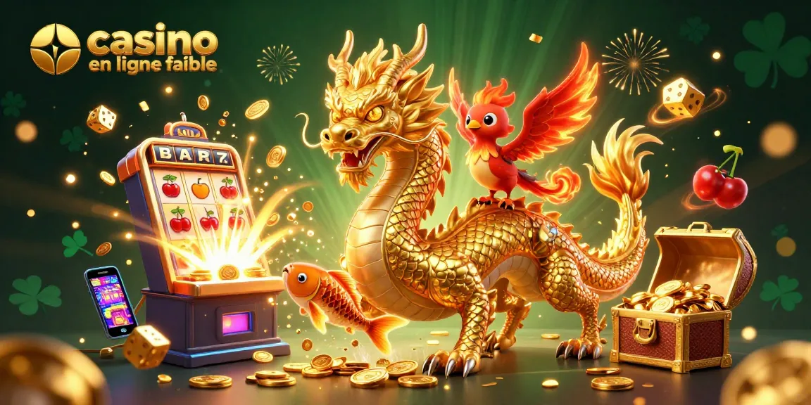 Jouer au casino en ligne fiable avec un dragon doré et des machines à sous explosant de pièces.