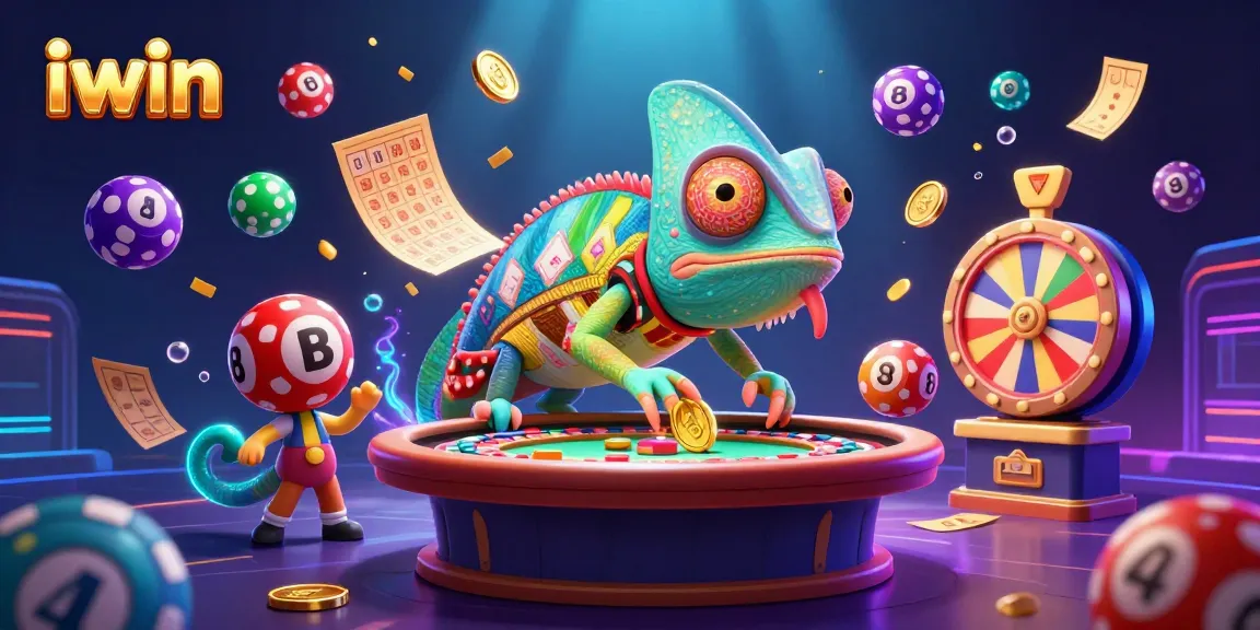Experience the vibrant gaming world of iwin with an exciting scene of a chameleon casino owner and lively gaming elements.