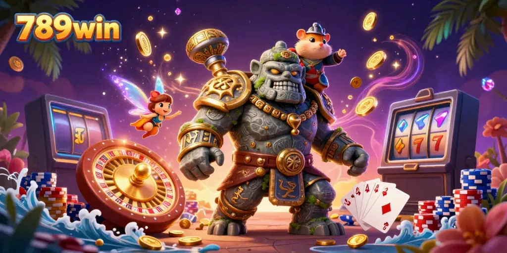 Experience thrilling wins at 789win with lively 3D fantasy characters in a vibrant casino scene.