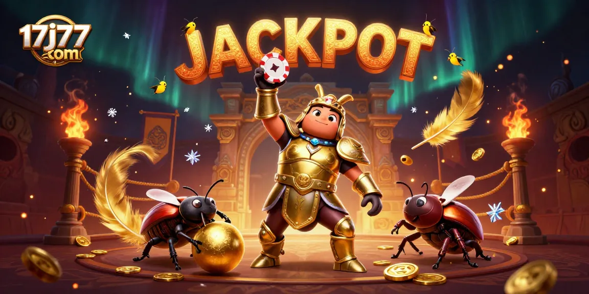 Engage with the thrilling 17j77 com jackpot scene showcasing a beetle in gladiator armor and vibrant casino elements.