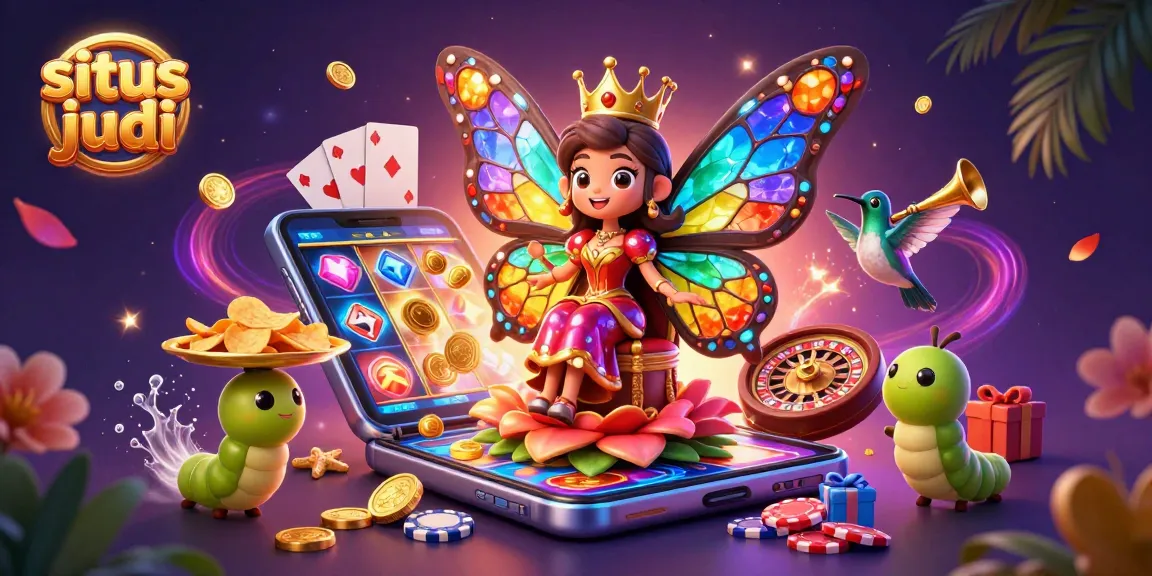 Situs judi features a vibrant 3D scene with a butterfly queen and animated gaming elements for players.