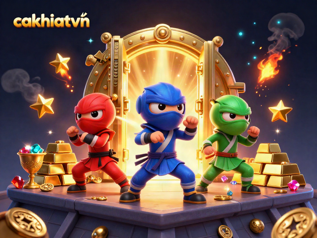 Cakhiatvvn showcases a dynamic scene with ninja chameleons performing martial arts amidst treasure and gold effects.