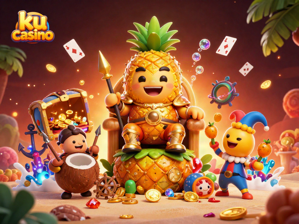 Experience the excitement of ku casino with vibrant 3D characters in a dynamic beach setting.