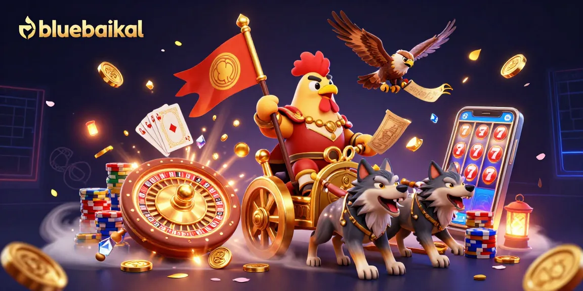 Engaging action at bluebaikal casino featuring a rooster warlord amidst golden coins and dynamic game elements.