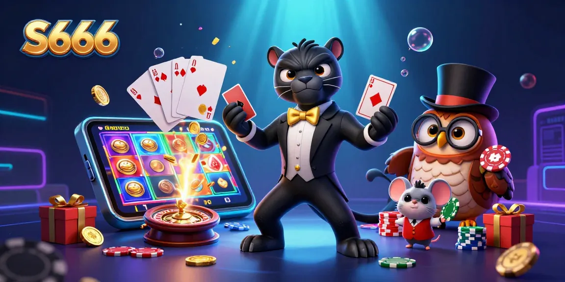 S666 showcases a stylish black panther dealing cards in a vibrant casino setting, surrounded by engaging gaming elements.