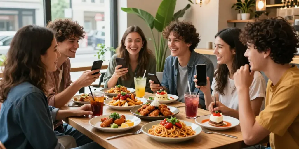 Friends enjoying viral dishes at ROKOK88 café, showcasing Millennial favorites.