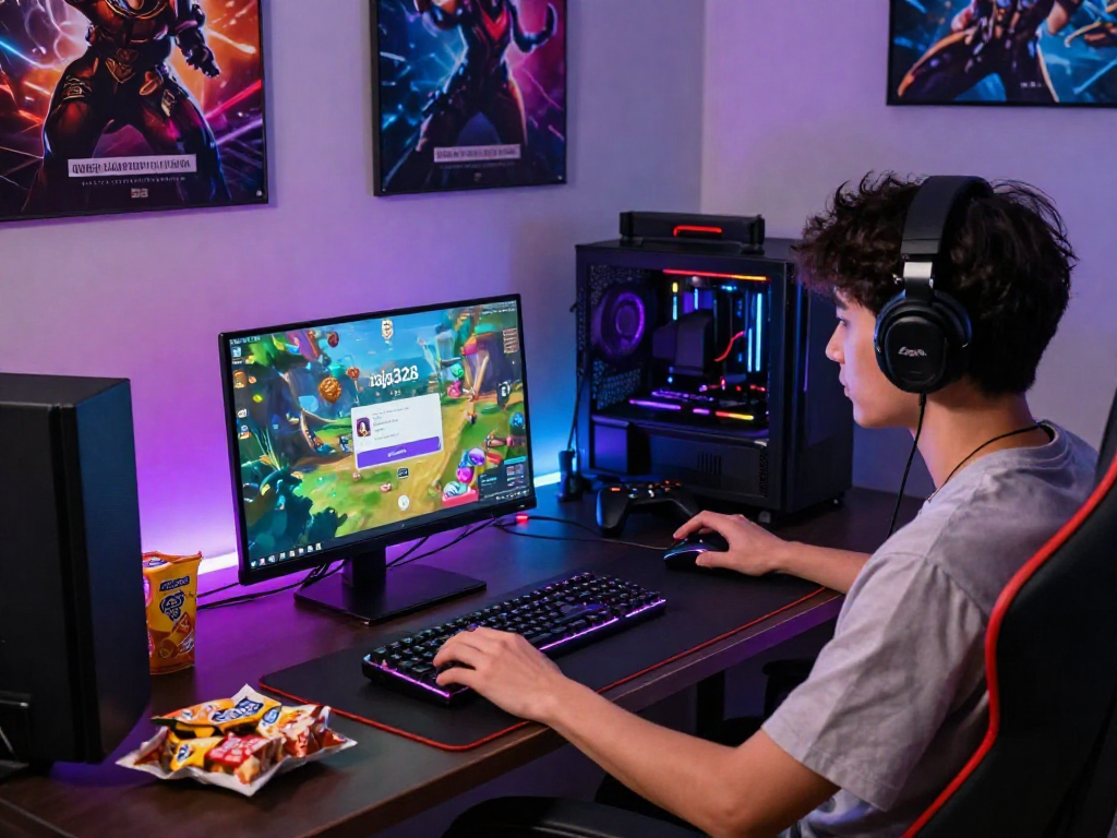 Player engaging with raja328 login interface in a vibrant gaming room, showcasing an immersive setup and accessories.