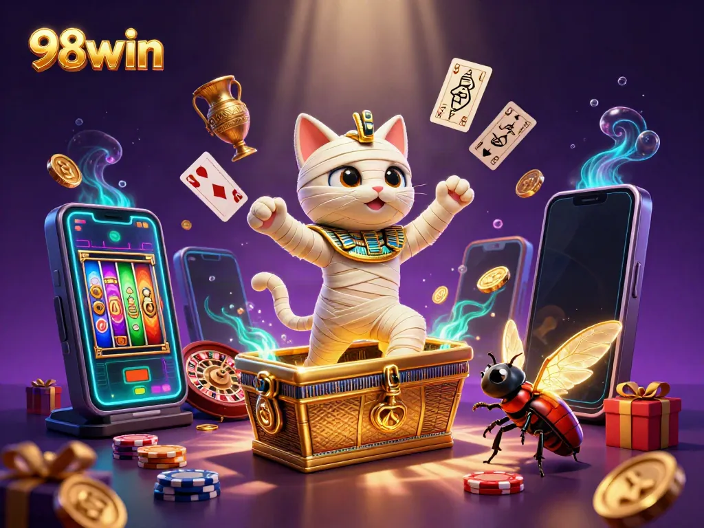 Experience thrilling gameplay as 98win's Egyptian mummy cat bursts onto the scene with vibrant casino elements.
