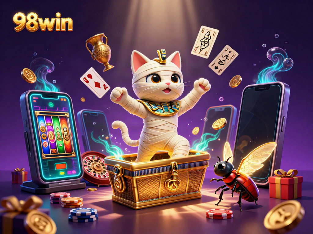 Experience thrilling gameplay as 98win's Egyptian mummy cat bursts onto the scene with vibrant casino elements.