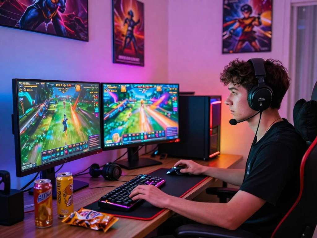 Gamer enjoying slot88 gaming session with vibrant setup and accessories.