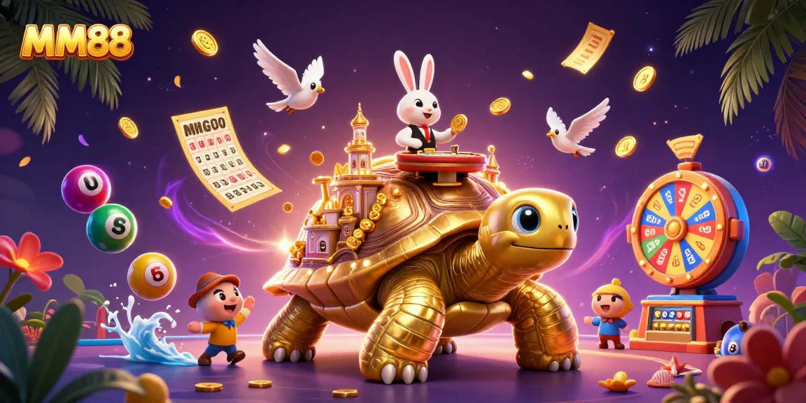 Engage in exciting gameplay at MM88 with golden tortoise casino, vibrant lottery elements, and dealer action.