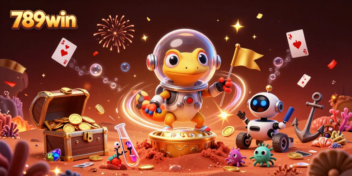 Explore the vibrant casino scene with 789win's engaging gaming experience and Martian gecko character.