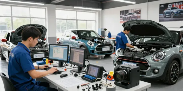 Dedicated BMW werkstatt hannover with skilled technicians performing engine diagnostics and DPF cleaning in a professional workshop.