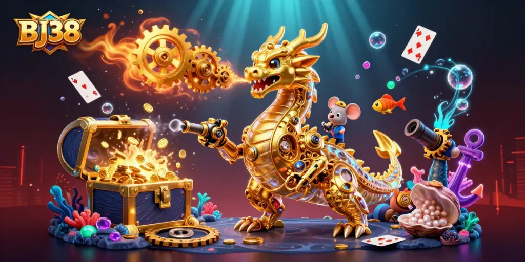 BJ38 reveals a vibrant casino scene with a golden dragon, treasure, and floating cards sparking excitement.