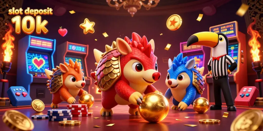 Engage in the exciting action of the slot deposit 10k with pangolins in a vibrant casino illustration.