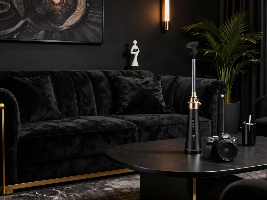 Stylish black-themed smoking area showcasing luxury lifestyle elements with rokok 88 ambiance.