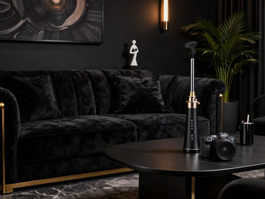 Stylish black-themed smoking area showcasing luxury lifestyle elements with rokok 88 ambiance.