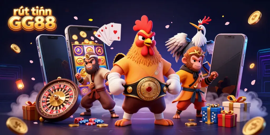 Engage with rút tiền GG88 in a dynamic scene with cartoon characters and casino elements.