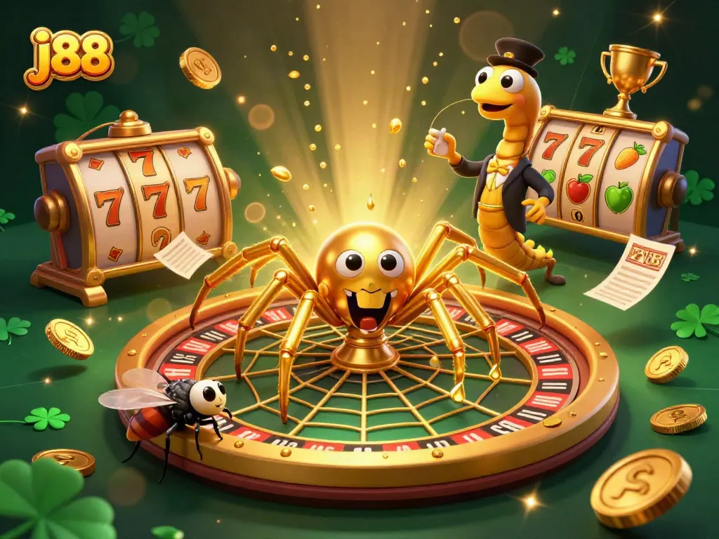Engage in j88 thrilling casino gameplay featuring a golden spider, web, and dynamic slot elements.