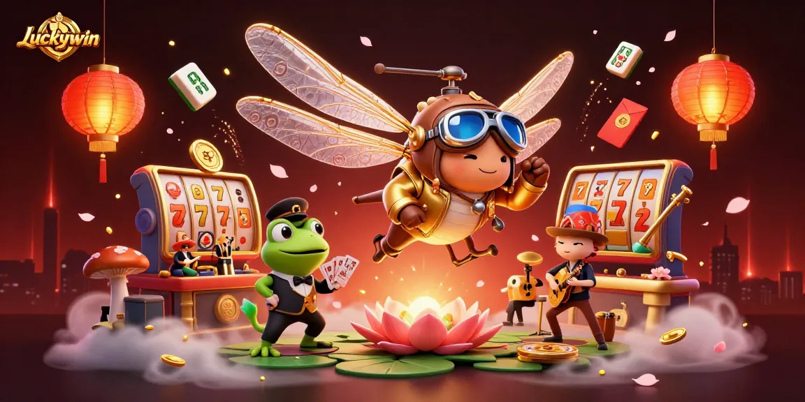 Experience thrilling gaming action with Luckywin at a lily pad casino featuring vibrant visuals and characters.