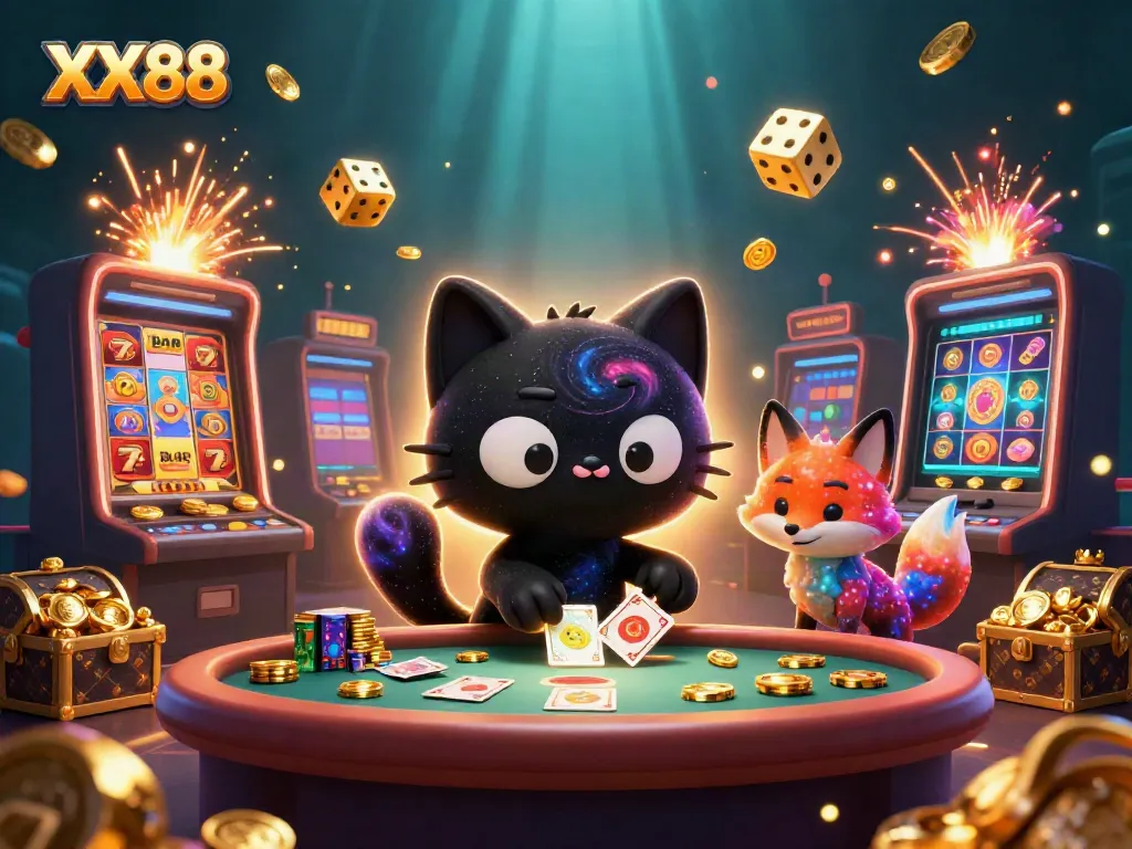 Engage in thrilling games at XX88's cosmic casino table with vibrant elements and characters.