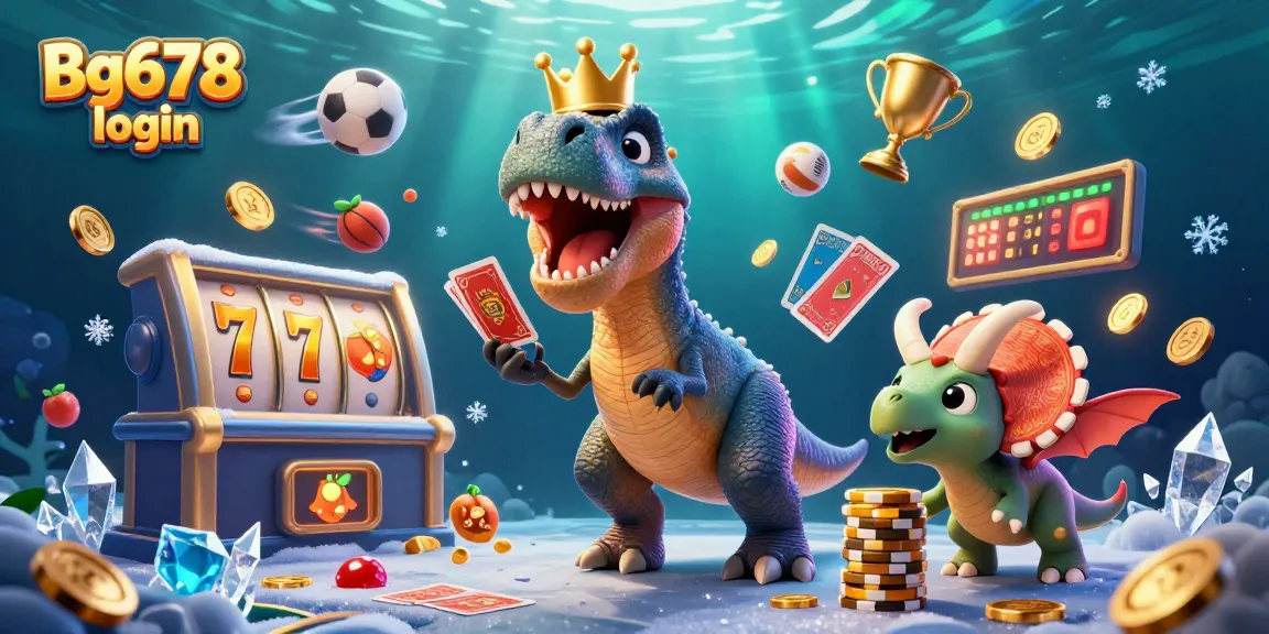 Win big with Bg678 login at the casino: T-Rex shuffles cards and stacks chips in an exciting scene.