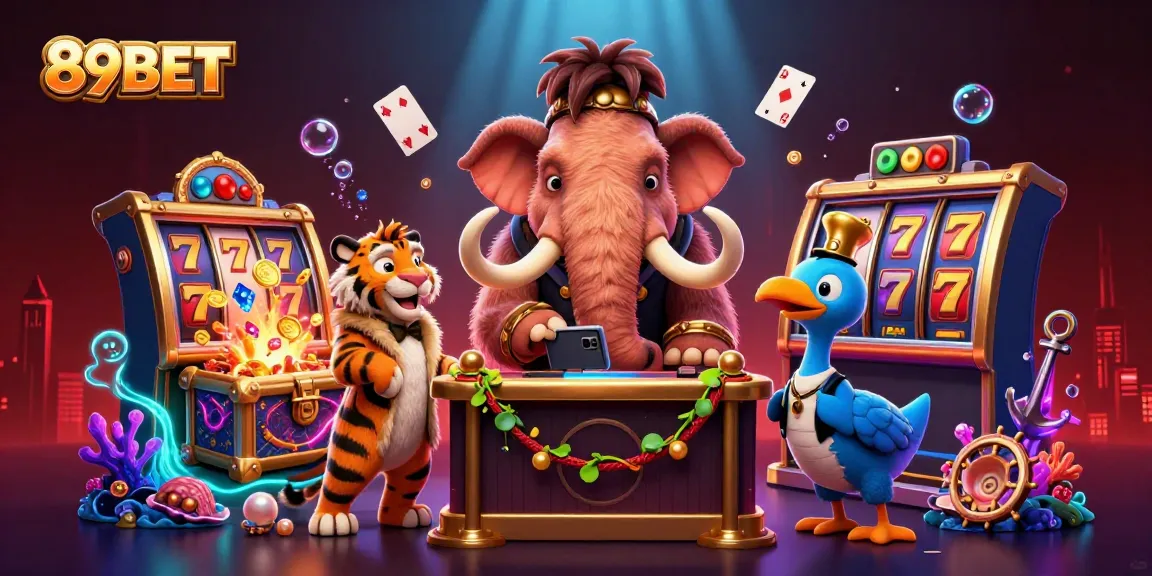 Experience the thrilling world of 89BET with vibrant slot reels and colorful game elements in a lively casino scene.