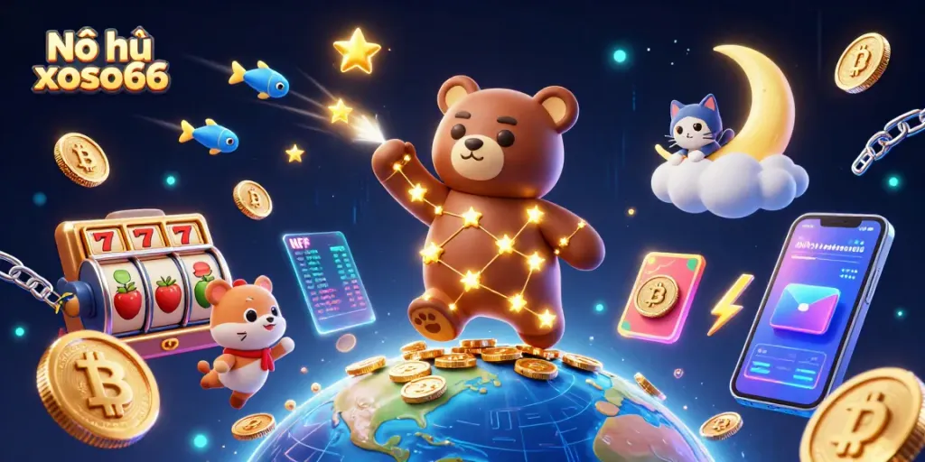 Nổ hũ xoso66 offers an engaging slot game scene filled with golden stars and vibrant gaming elements.