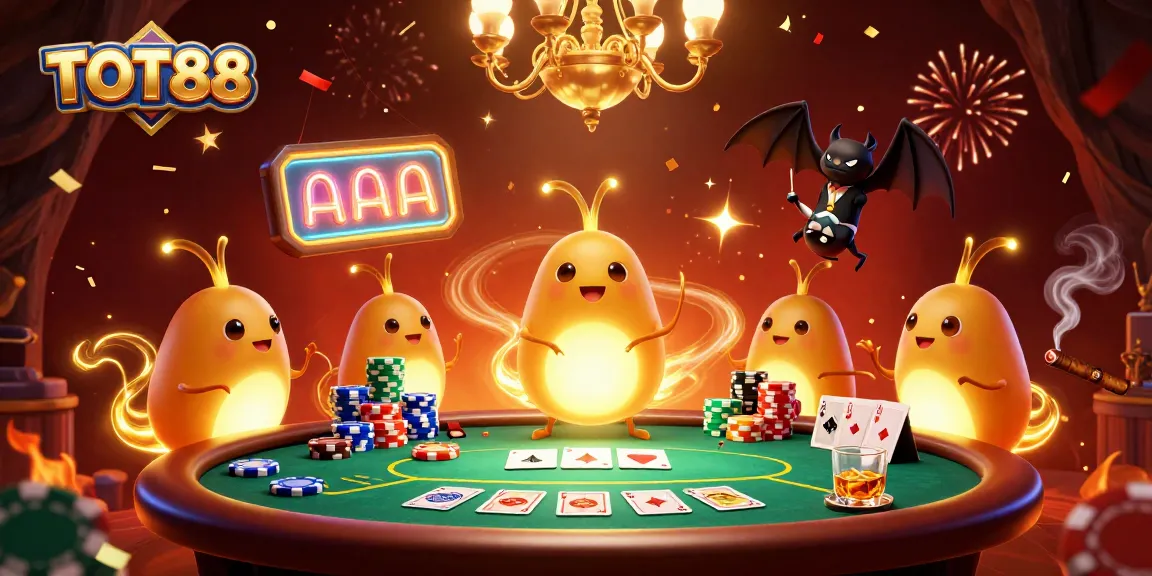 Experience winning at TOT88 with a vibrant 3D illustration of glowworms in a lively casino scene.